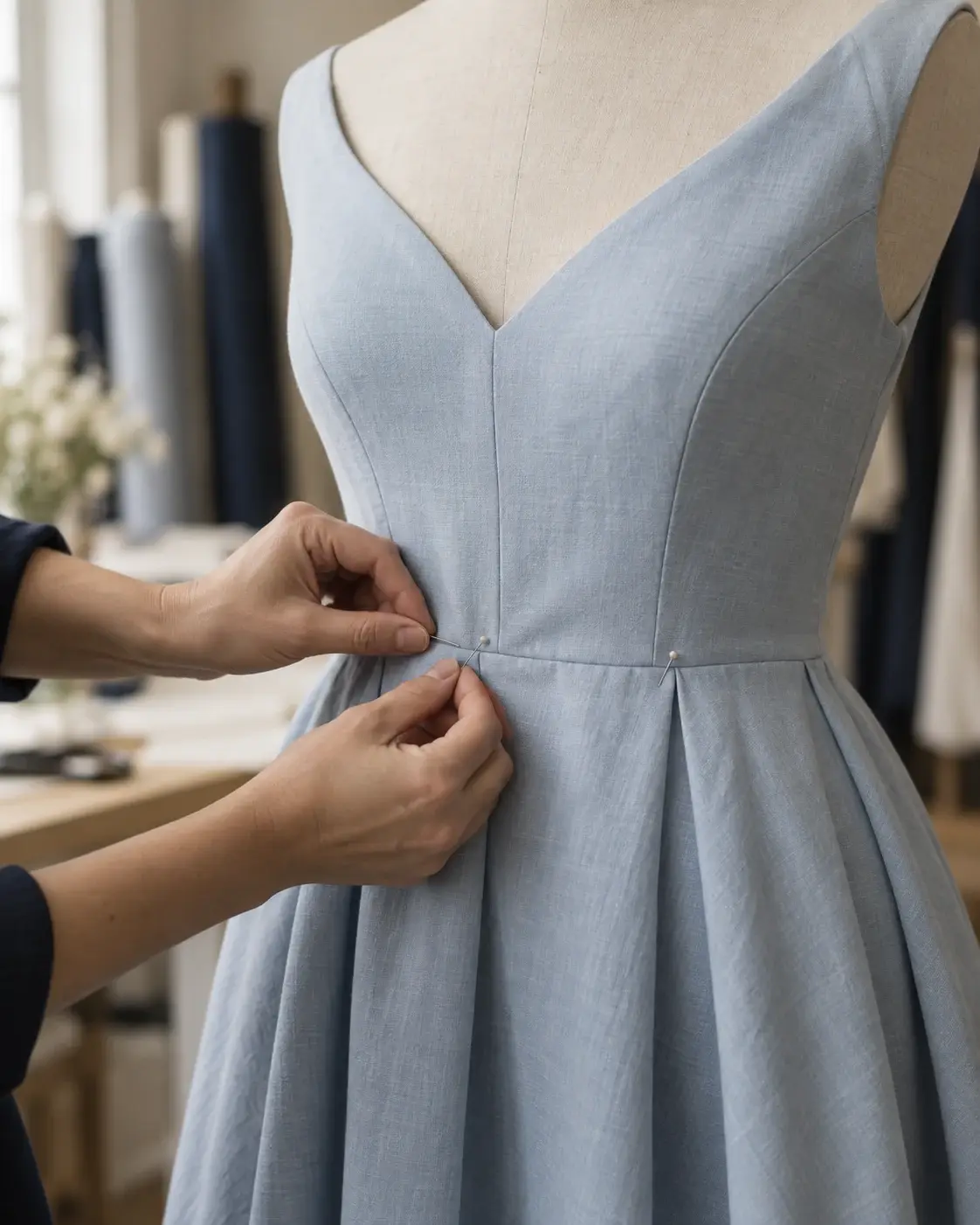 Tailor pinning the waist of a pale blue dress on a form