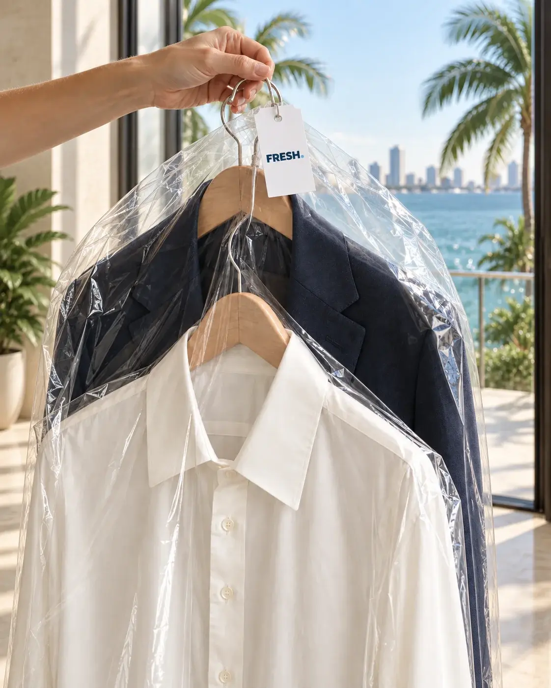 Pressed navy jacket and ivory shirt in a clear FRESH. garment cover with Miami waterfront and palm trees behind them