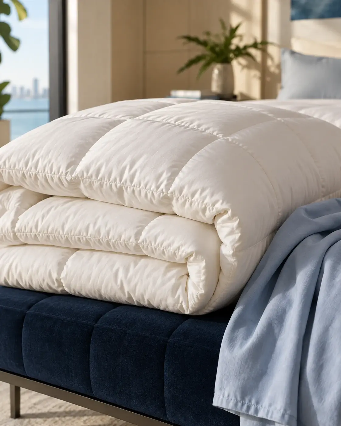 Freshly cleaned ivory comforter and pale blue duvet cover