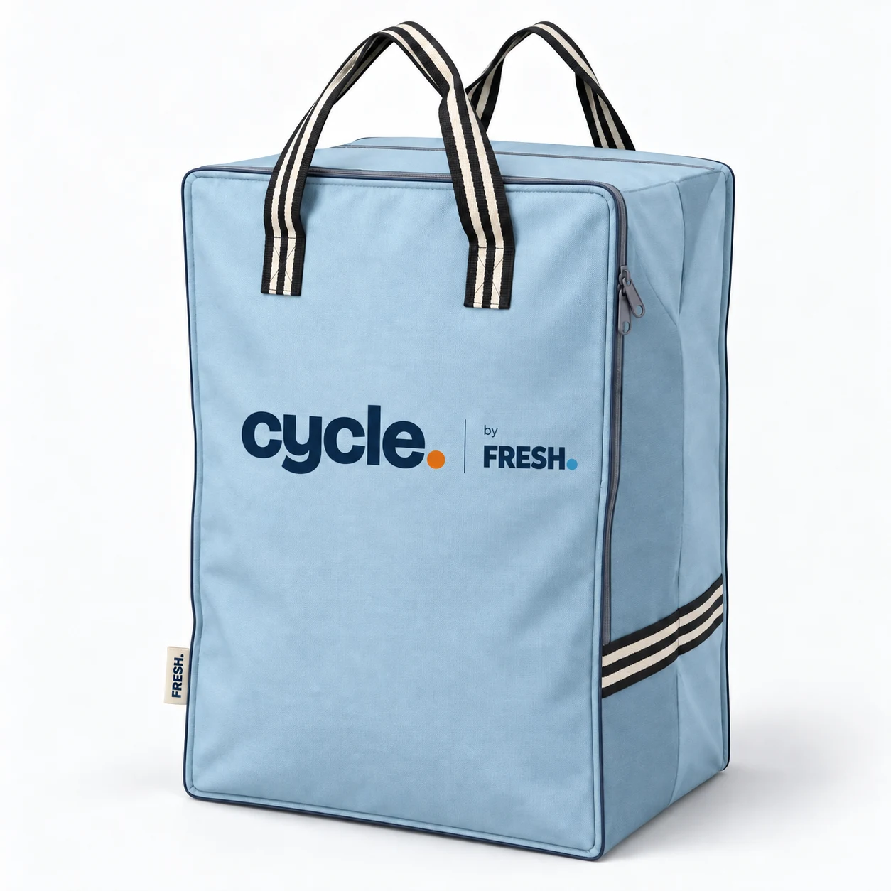 The blue Cycle bag with striped handles and the Cycle by FRESH. logo